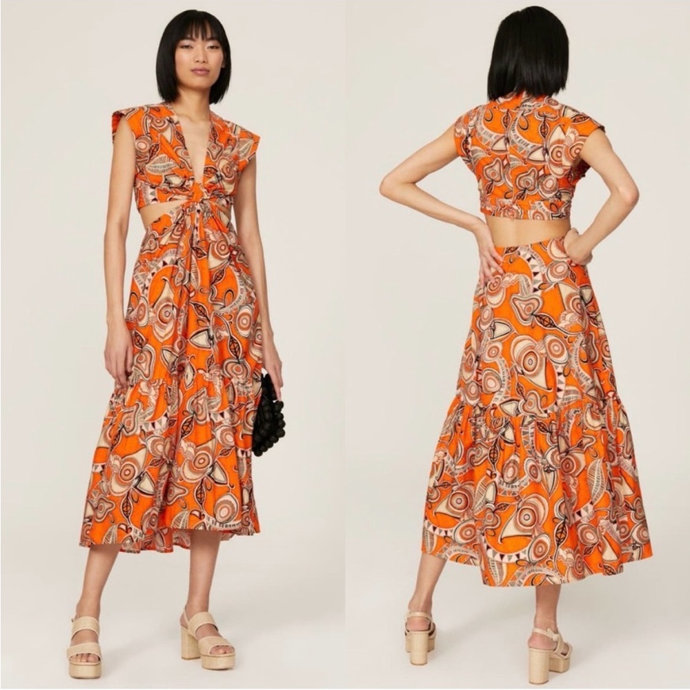 ALC Alexandria Cotton Cutout Midi Dress 8 Citrus Multi Tropical Sleeveless